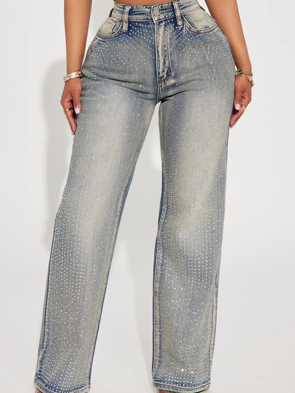 Fashion Nova Light Blue Rhinestone Embellished Straight-Leg Jeans NEVER WORN